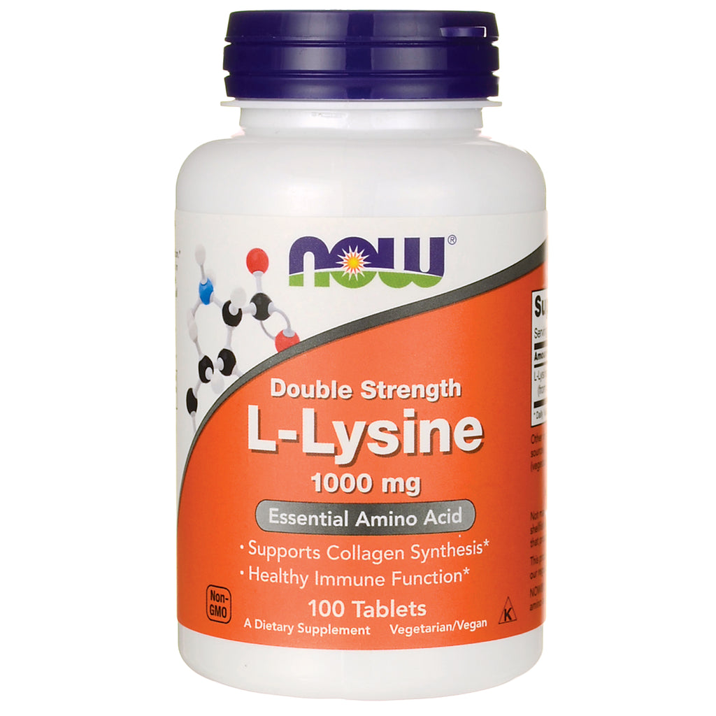 NWF177 | NOW Double Strength L-Lysine 1000 mg white bottle with orange label, 100 tablets - Thumbnail