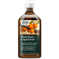 GH102 | Gaia Herbs Plant Force Liquid Iron brown bottle front label showing sea buckthorn image and product name 16 fl oz