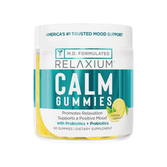 REL005 | Relaxium Calm Gummies jar, front label reading CALM GUMMIES, yummy lemon flavor, 60 gummies with probiotics and prebiotics