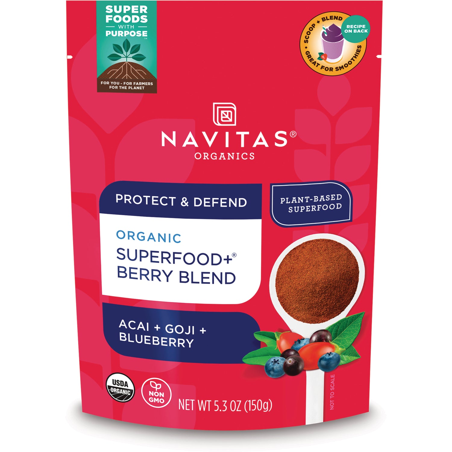 NAV072 | Navitas Organics Organic Superfood+ Berry Blend pouch with spoon of powder and berries