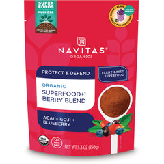 NAV072 | Navitas Organics Organic Superfood+ Berry Blend pouch with spoon of powder and berries