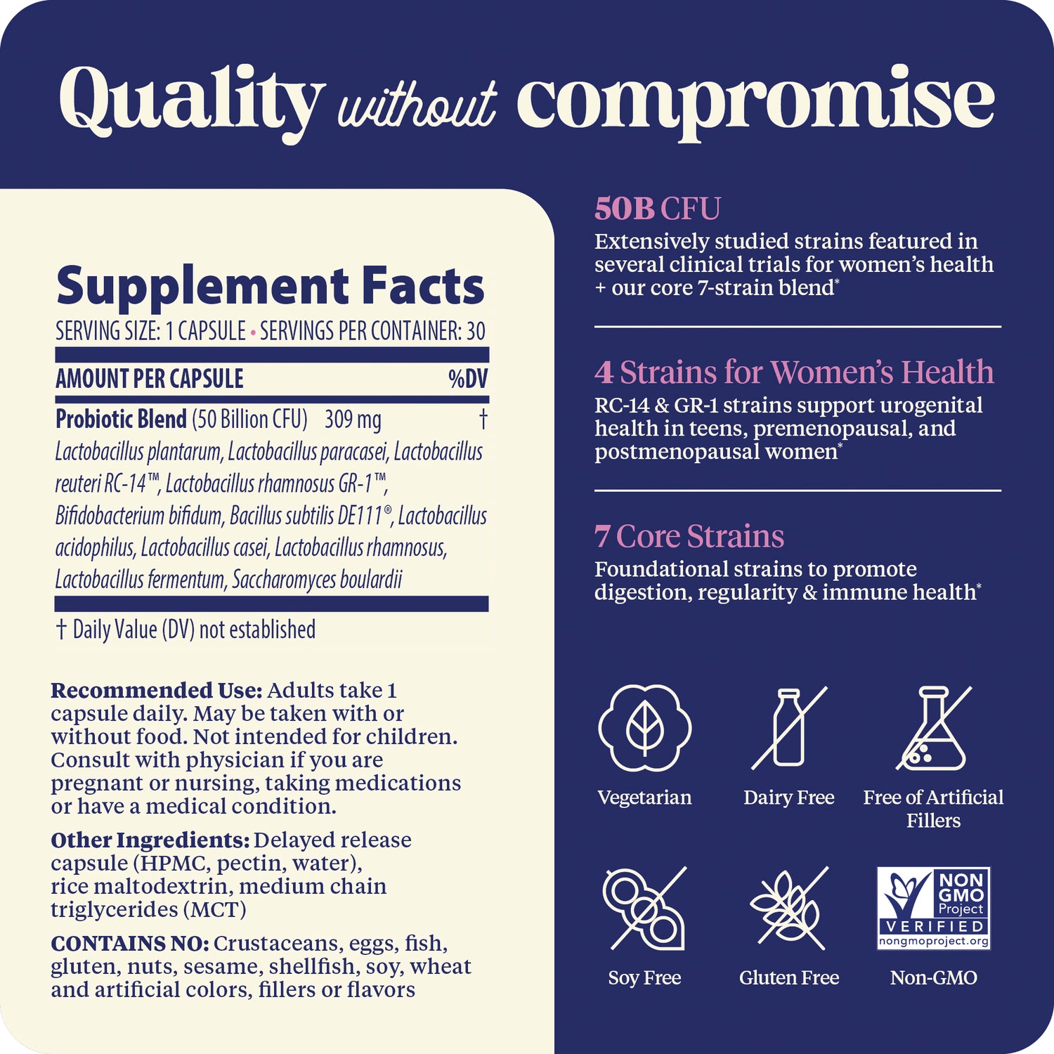 EMD104 | back label with Supplement Facts, probiotic blend info, recommended use, and dietary icons