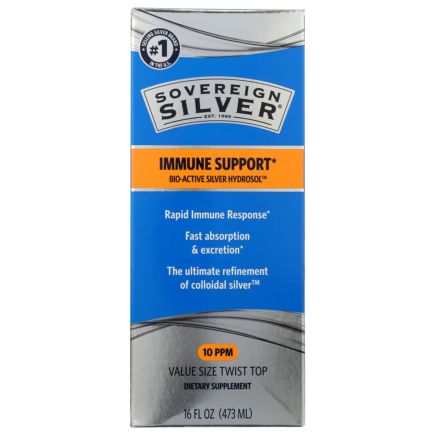 SSL008 | Sovereign Silver Bio-Active Silver Hydrosol, Daily+ Immune Support, 10 PPM, 16 fl oz bottle with box
