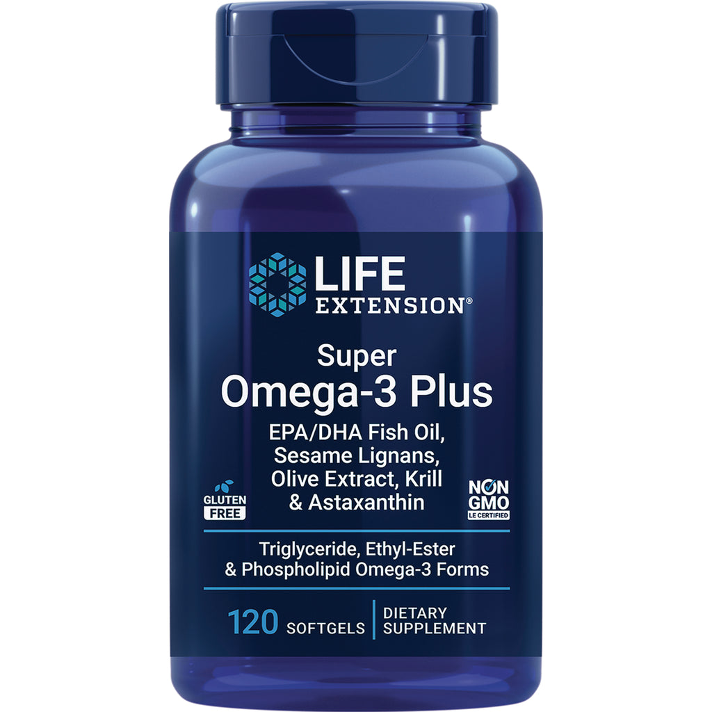 LE387 | Life Extension Super Omega-3 Plus 120 softgels dietary supplement bottle with blue label showing EPA/DHA fish oil and Non GMO - Thumbnail