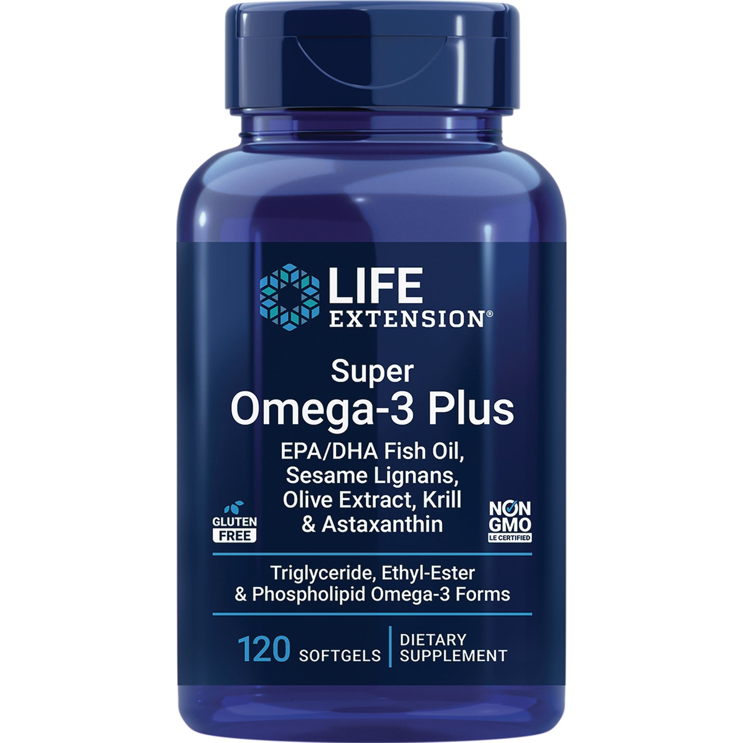 LE387 | Life Extension Super Omega-3 Plus 120 softgels dietary supplement bottle with blue label showing EPA/DHA fish oil and Non GMO