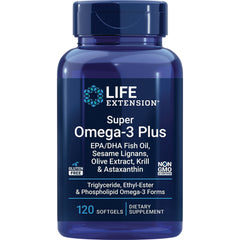LE387 | Life Extension Super Omega-3 Plus 120 softgels dietary supplement bottle with blue label showing EPA/DHA fish oil and Non GMO