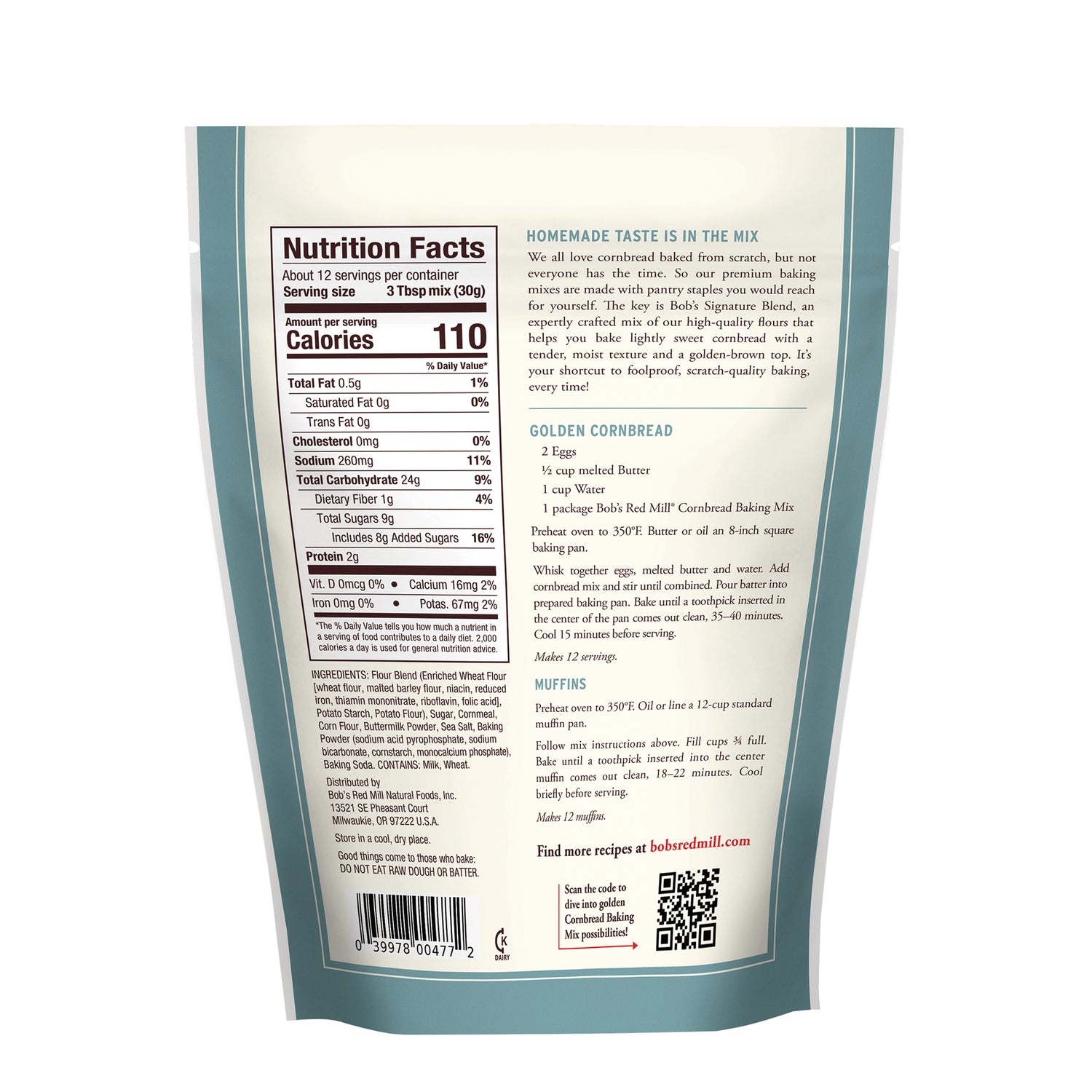 BOB480 | Back of cornbread mix pouch showing Nutrition Facts, ingredients and Golden Cornbread recipe