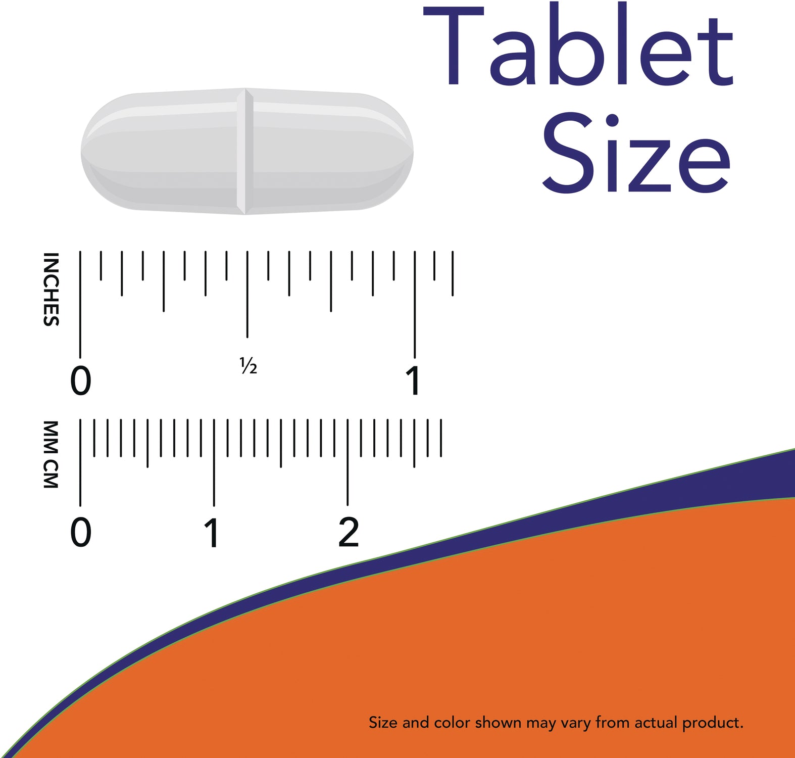 NWF049 | white scored tablet above rulers labeled Tablet Size showing measurements in inches and mm