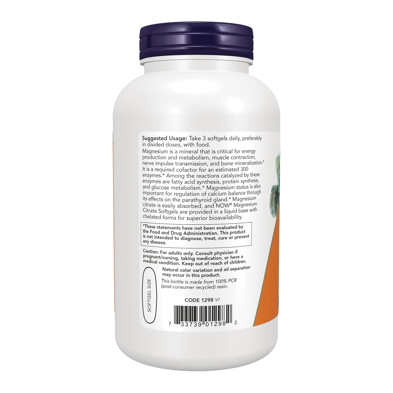 NWF438 | Back label of white supplement bottle showing suggested usage, caution text, barcode and softgel size graphic