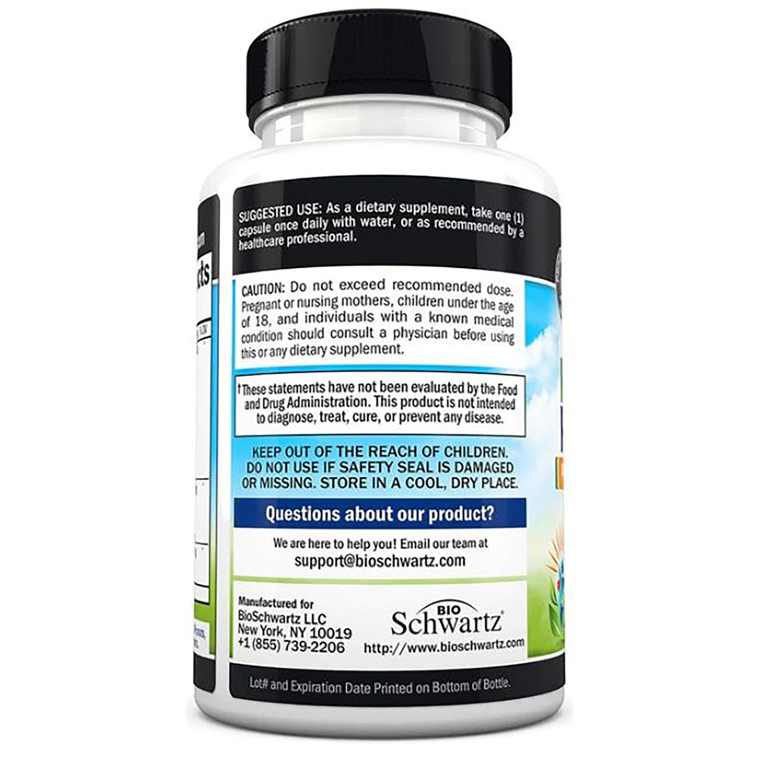 BSZ019 | Back label of white supplement bottle with caution text, storage instructions and support@bioschwartz.com