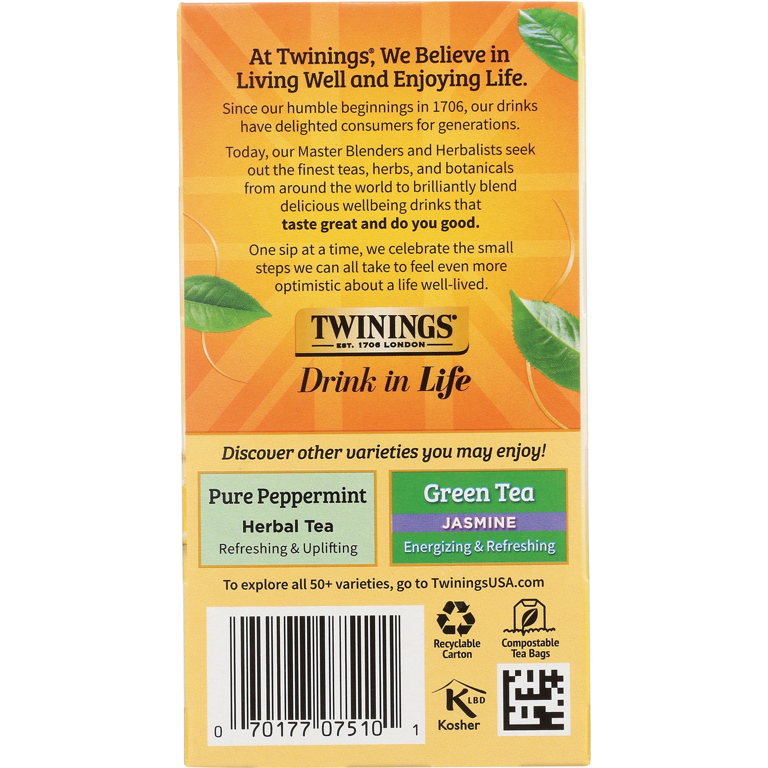 TWN017 | Back of Twinings tea box with brand story, Drink in Life, varieties, barcode, and recycling icons
