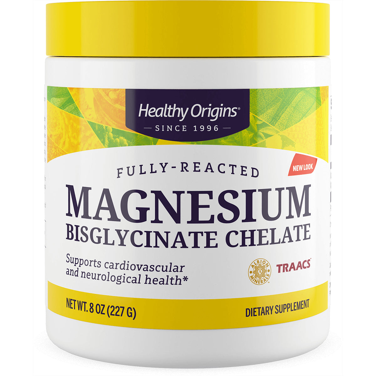 HRG103 | Front view Healthy Origins magnesium bisglycinate chelate jar with yellow lid and MAGNESIUM on the label