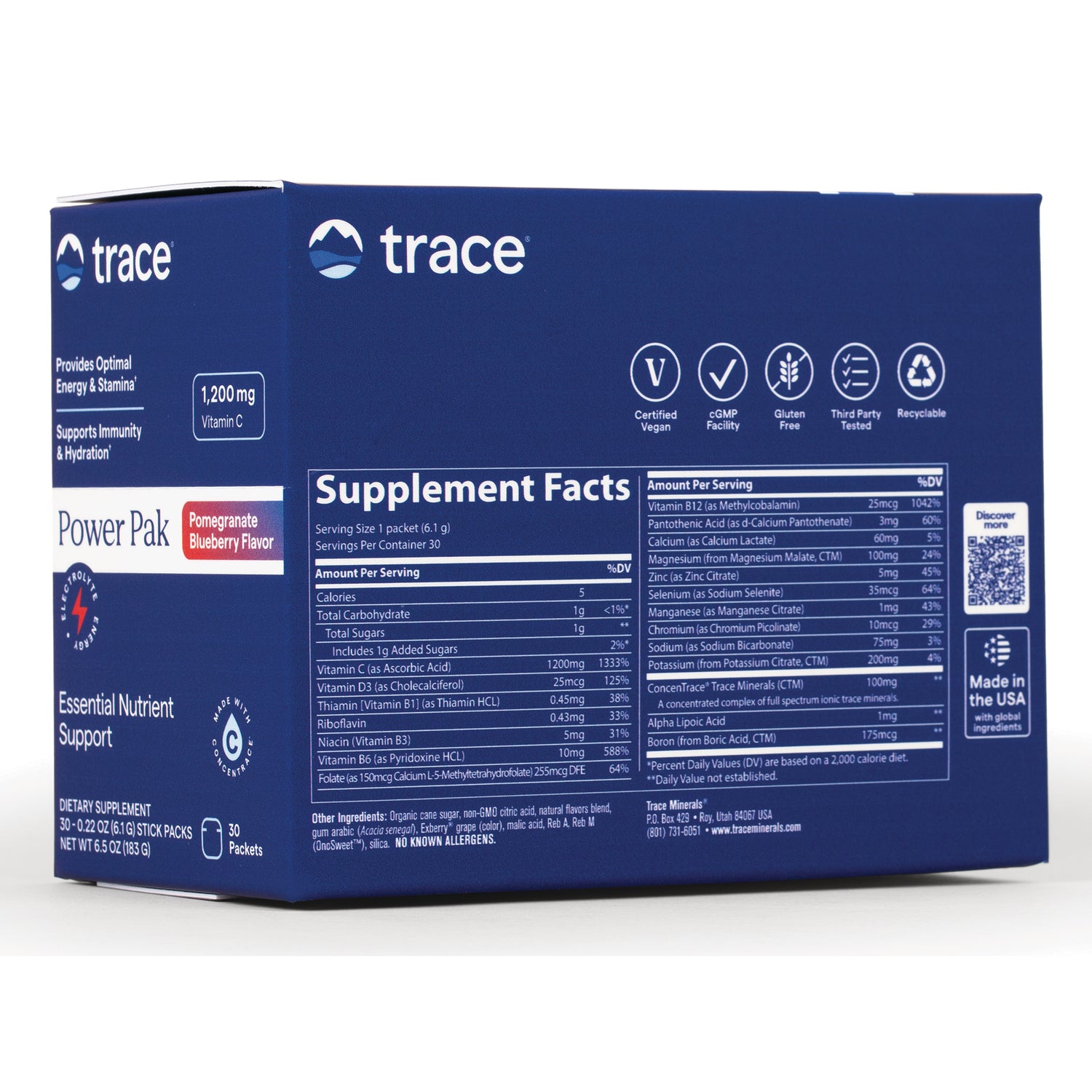 TM069 | Trace Power Pak Pomegranate Blueberry back box with Supplement Facts and 1,200 mg Vitamin C