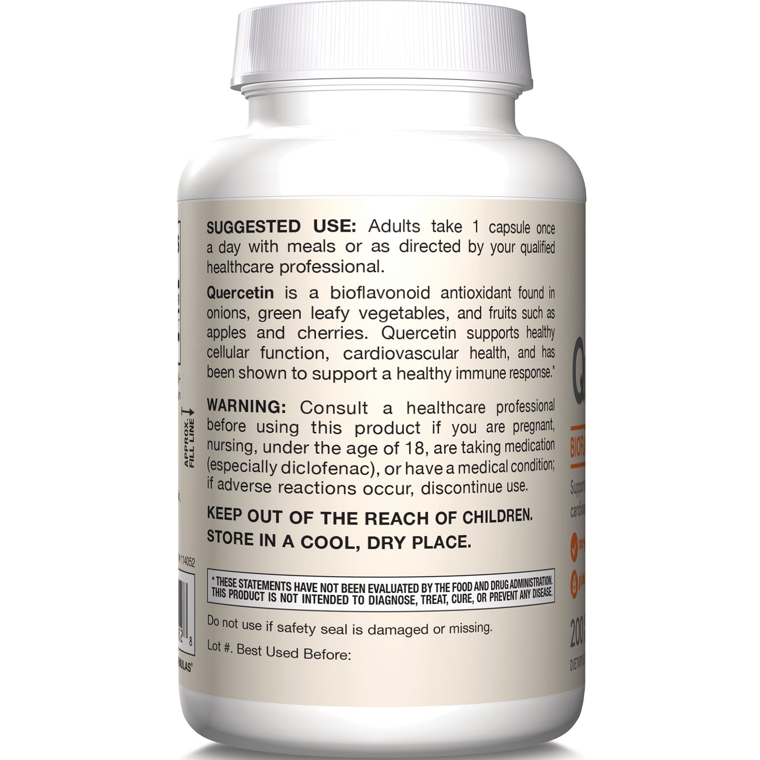 JR206 | Back label showing suggested use, quercetin description, warning, and storage instructions