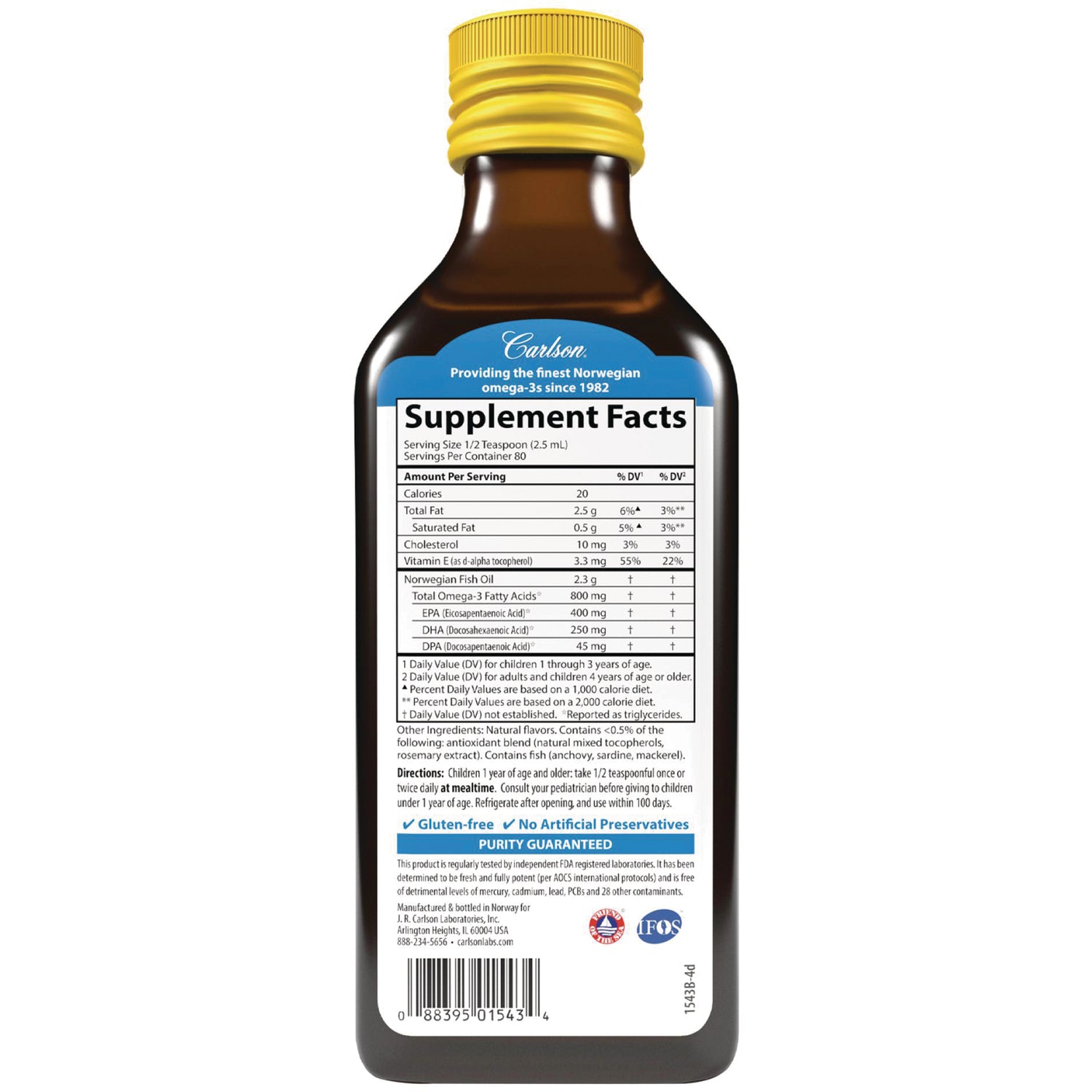 CSN032 | back of brown bottle with Supplement Facts label showing nutrition table and directions