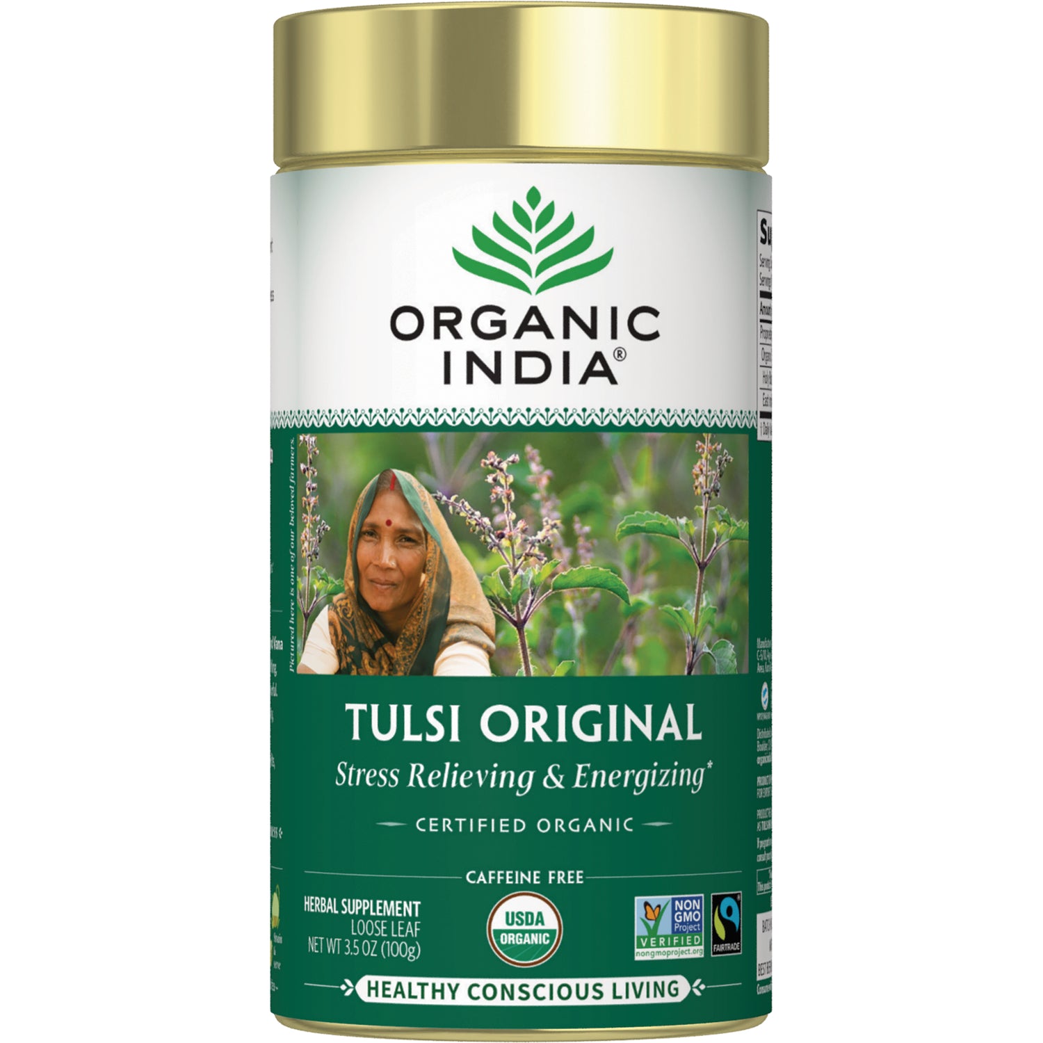RGN068 | Organic India Tulsi Original tea canister with woman and tulsi plants on green label, certified organic