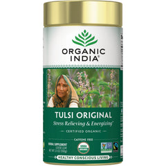 RGN068 | Organic India Tulsi Original tea canister with woman and tulsi plants on green label, certified organic
