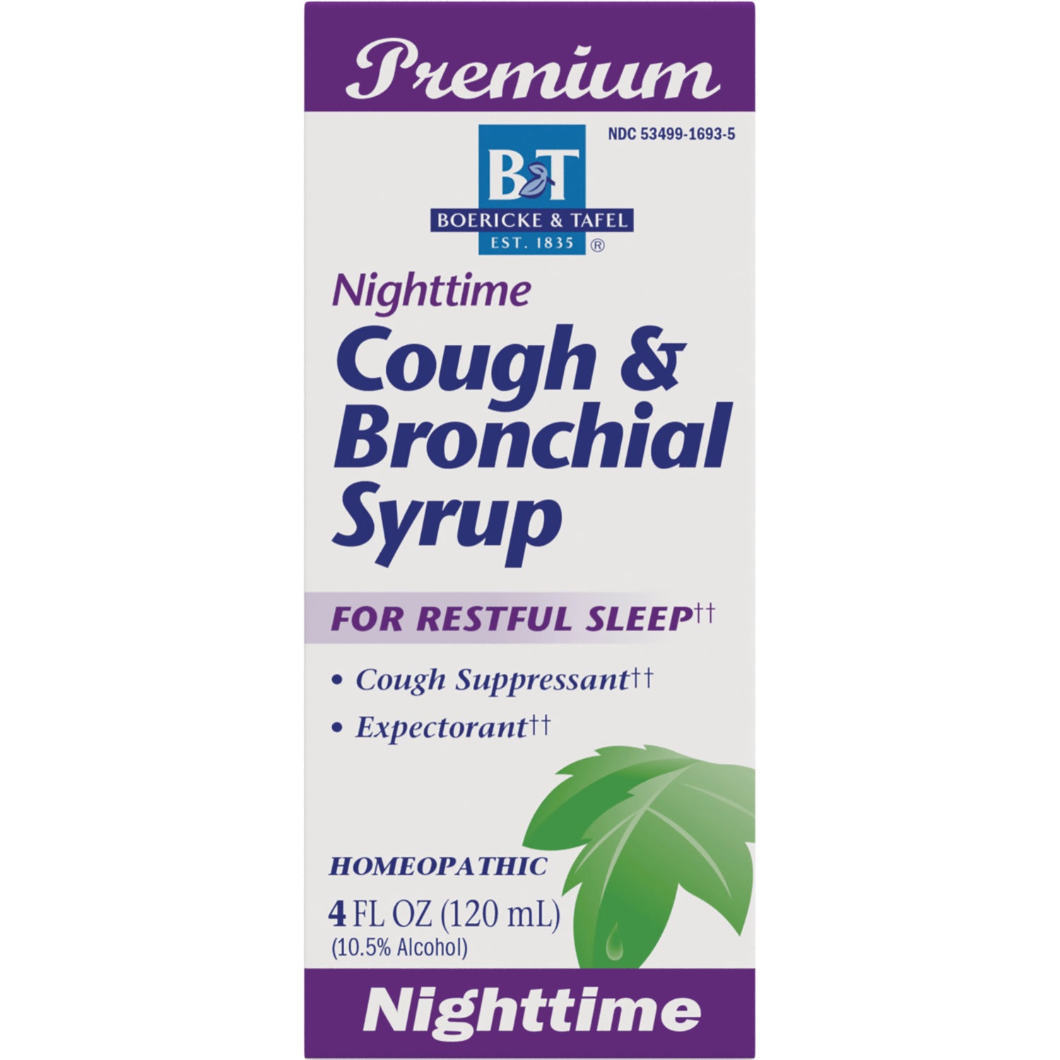 BRK009 | Boericke & Tafel Premium Nighttime Cough & Bronchial Syrup front packaging 4 FL OZ (120 mL)