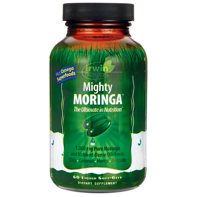 IR101 | Irwin Naturals Mighty MORINGA bottle with green label, 60 liquid soft-gels dietary supplement