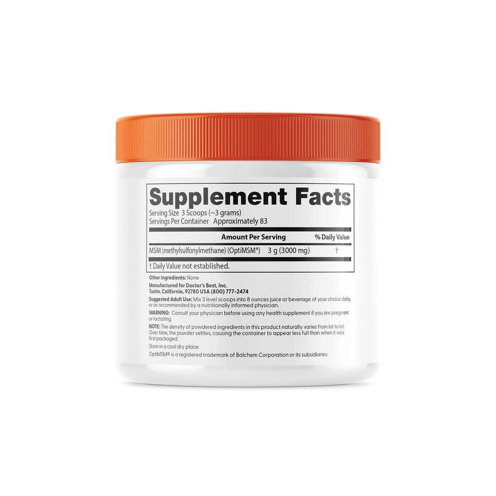 Supplement facts label on white jar showing MSM 3 g per serving, serving size 3 scoops, suggested use and warnings - Thumbnail