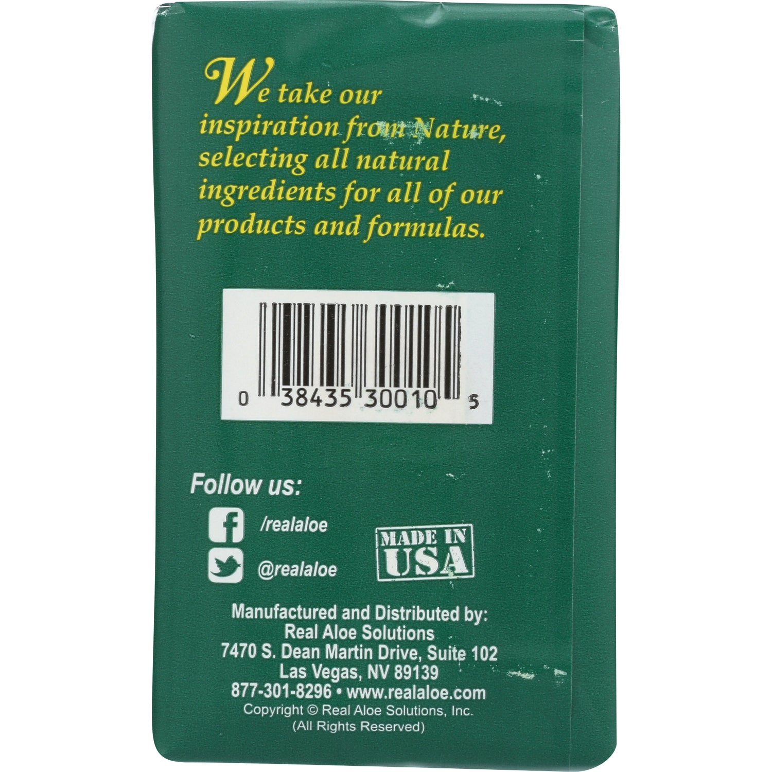 RA008 | Back of green product box showing barcode, Follow us icons, Made in USA stamp and manufacturer address