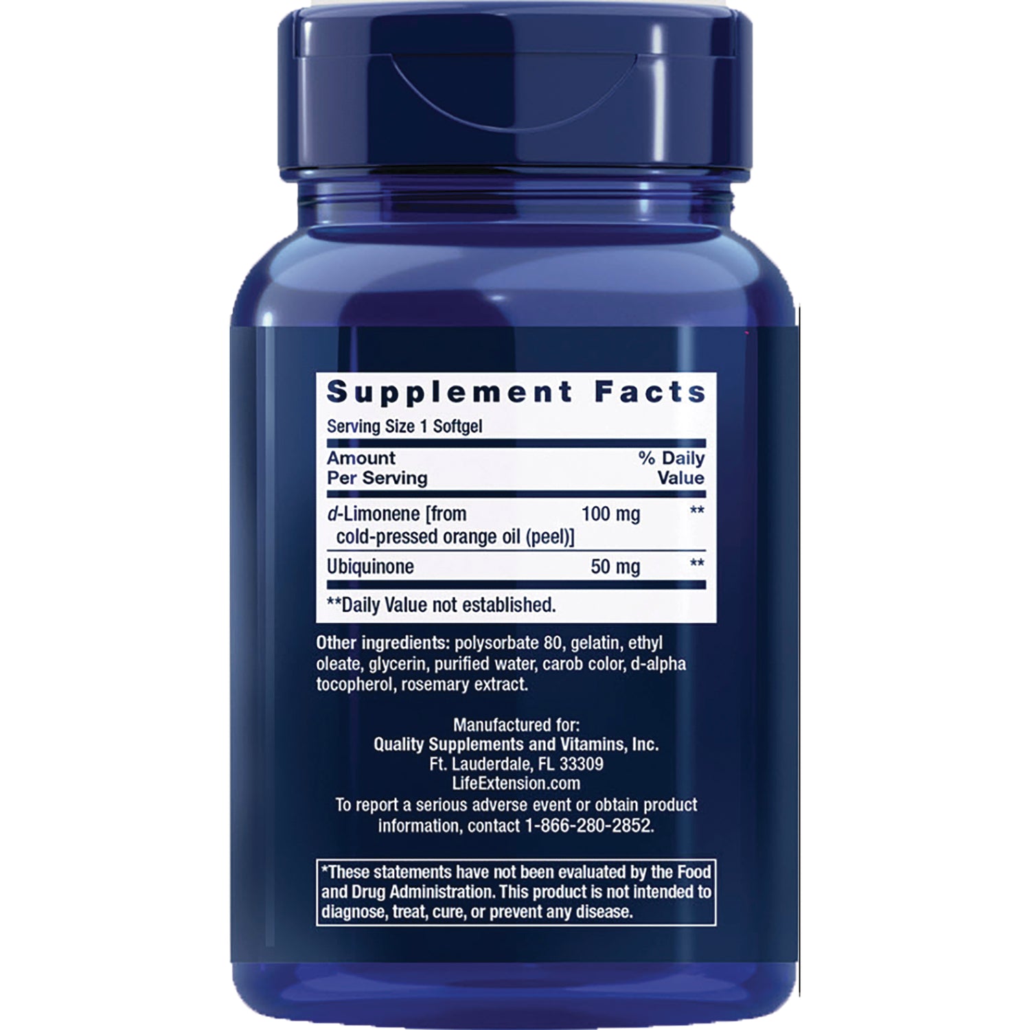 LE456 | Back label showing Supplement Facts panel and ingredient list on blue supplement bottle