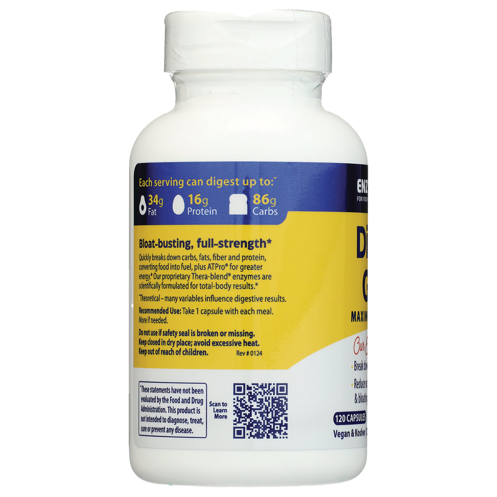 EMD010 | product infographic label on white supplement bottle showing digestion icons, usage instructions and QR code - Thumbnail