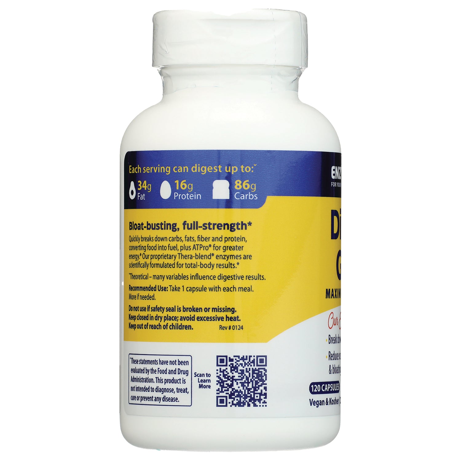 EMD010 | product infographic label on white supplement bottle showing digestion icons, usage instructions and QR code
