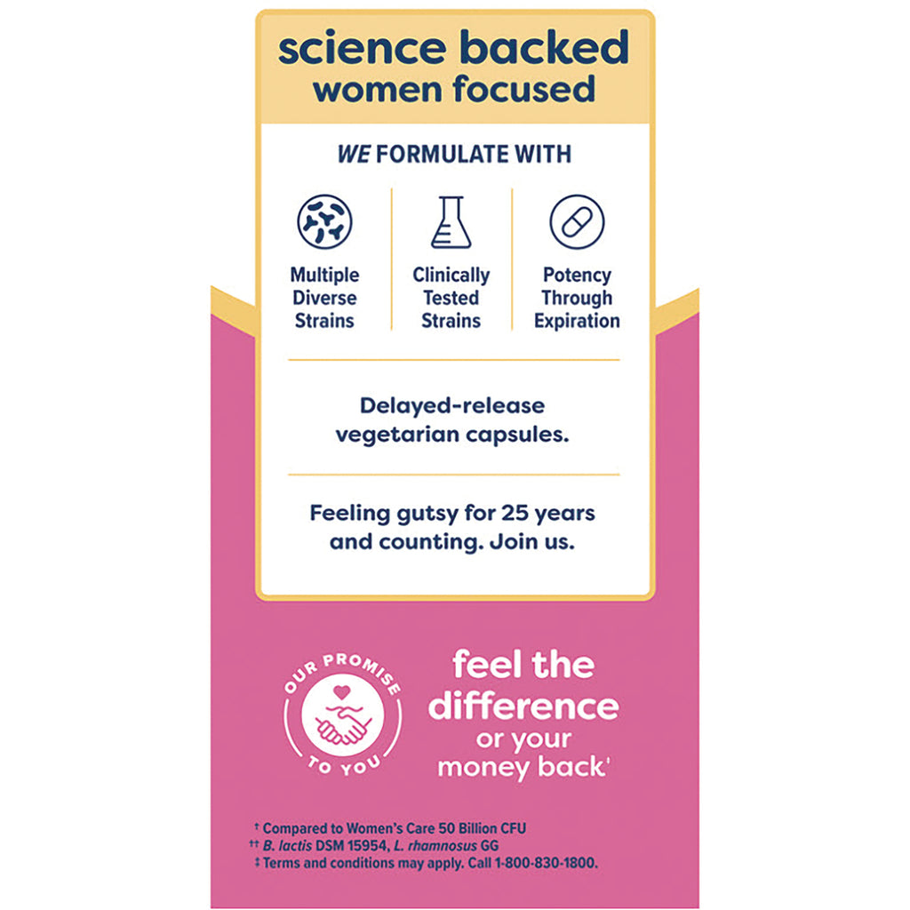 RNL238 | back panel with science backed women focused header, icons for multiple diverse strains and clinically tested strains and delayed-release vegetarian capsules - Thumbnail