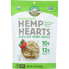 MAN005 | Front of Manitoba Harvest Organic Hemp Hearts shelled hemp seeds 12 oz pouch showing bowl of seeds and strawberry