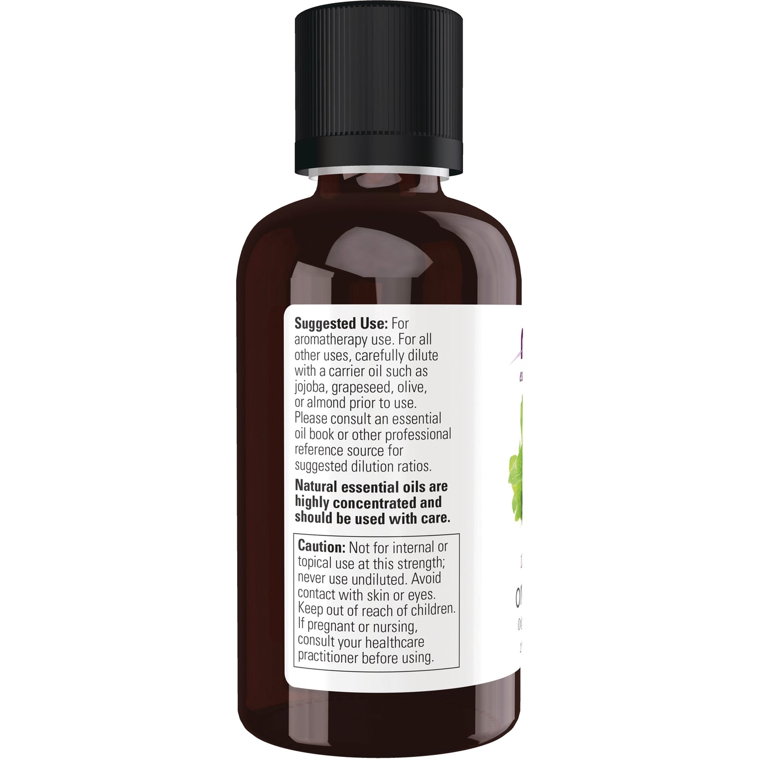 NWF261 | Back of amber essential oil bottle showing suggested use and caution label text