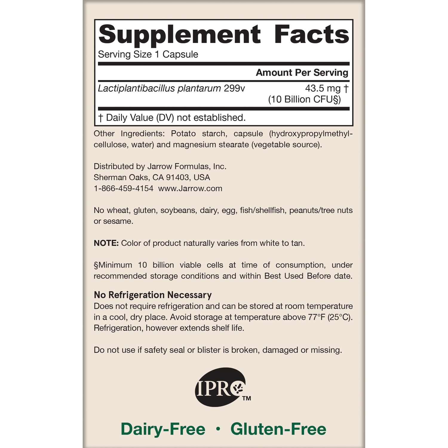 JR130 | Back label showing Supplement Facts, serving size 1 capsule, ingredients and storage instructions