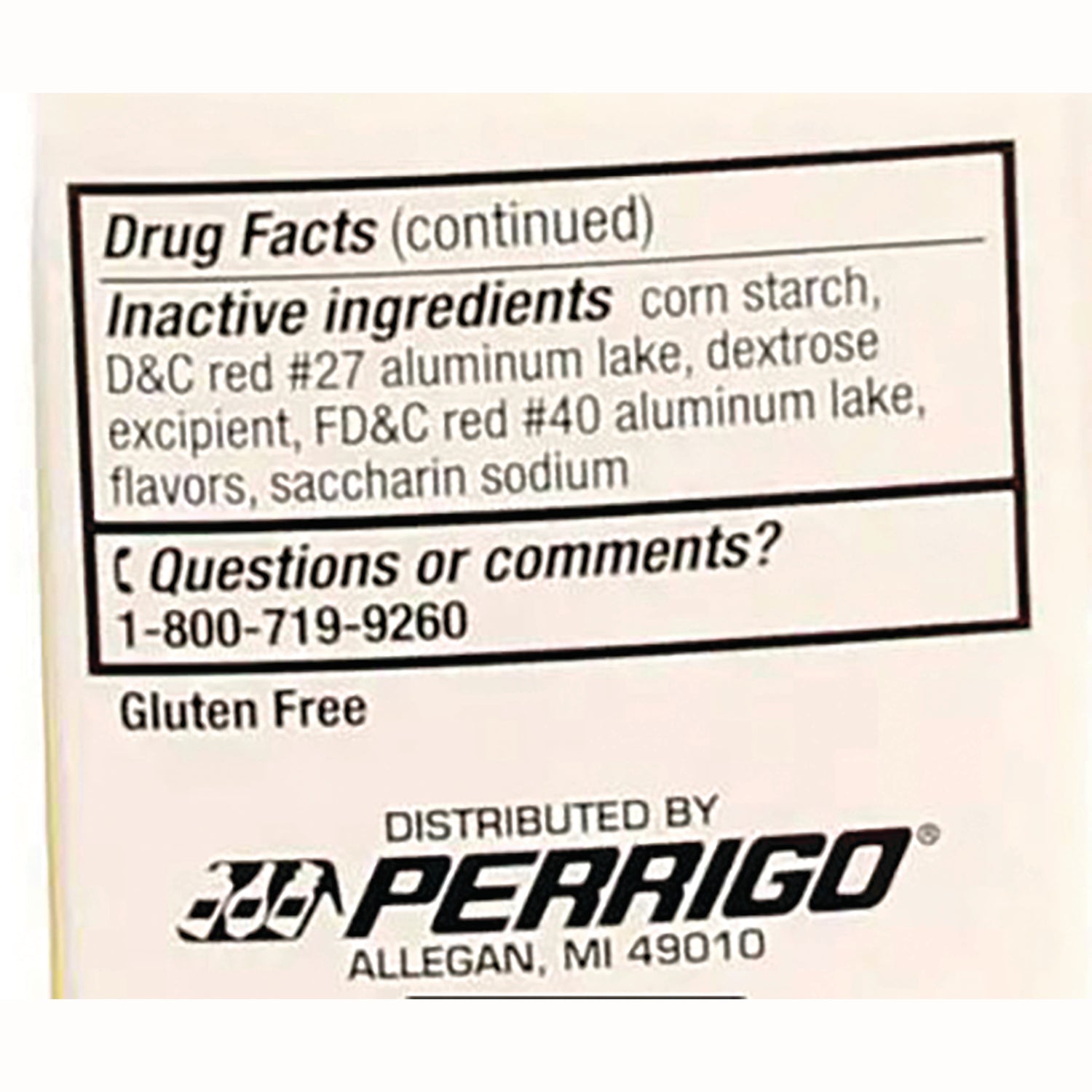 GDS015 | Drug Facts continued: inactive ingredients, Questions 1-800-719-9260, Gluten Free, Perrigo logo