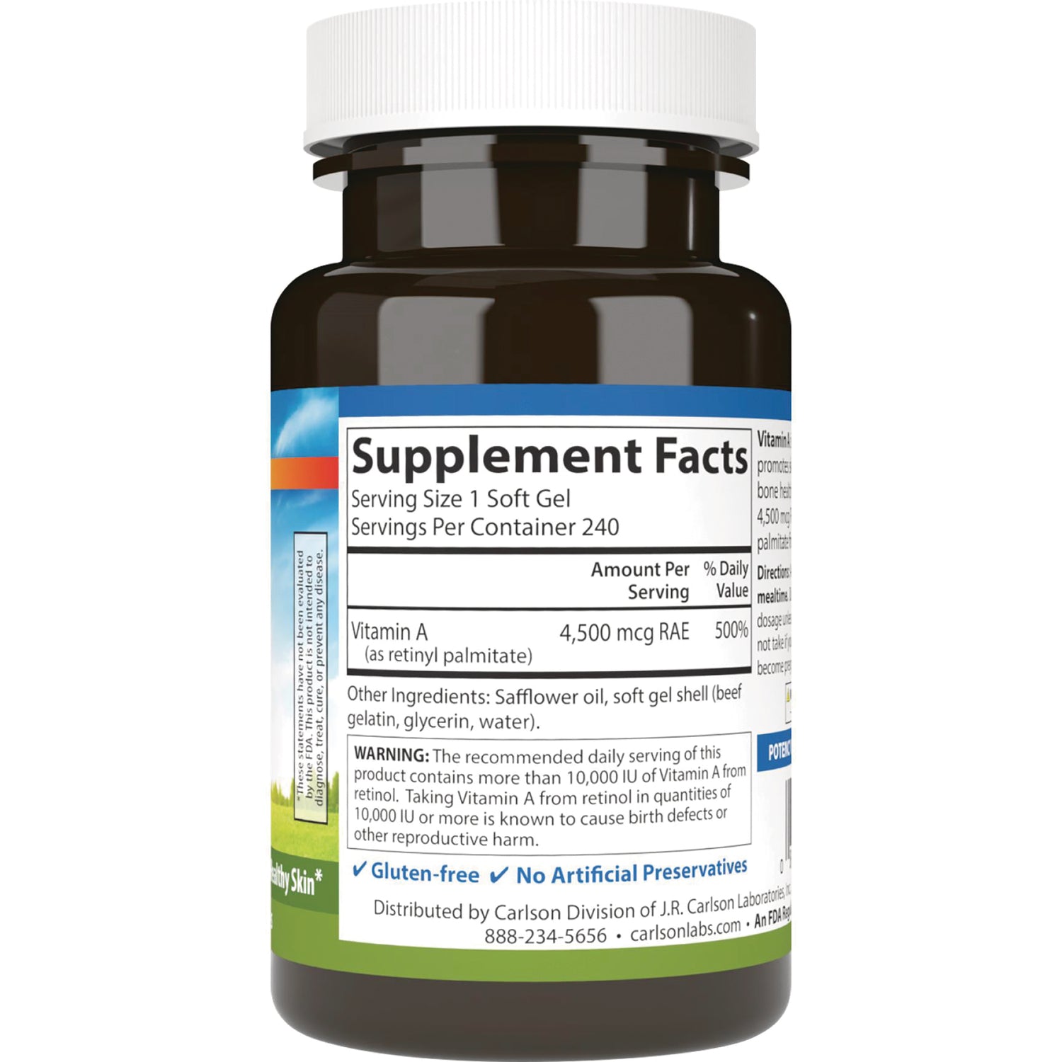 CSN186 | supplement facts label on bottle showing Serving Size 1 Soft Gel, Vitamin A 4,500 mcg RAE and ingredients