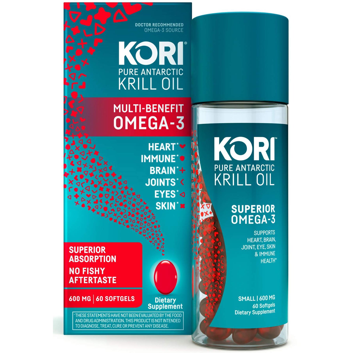 KKL002 | KORI Pure Antarctic Krill Oil bottle and box, superior Omega-3, 60 softgels dietary supplement