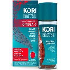 KKL002 | KORI Pure Antarctic Krill Oil bottle and box, superior Omega-3, 60 softgels dietary supplement