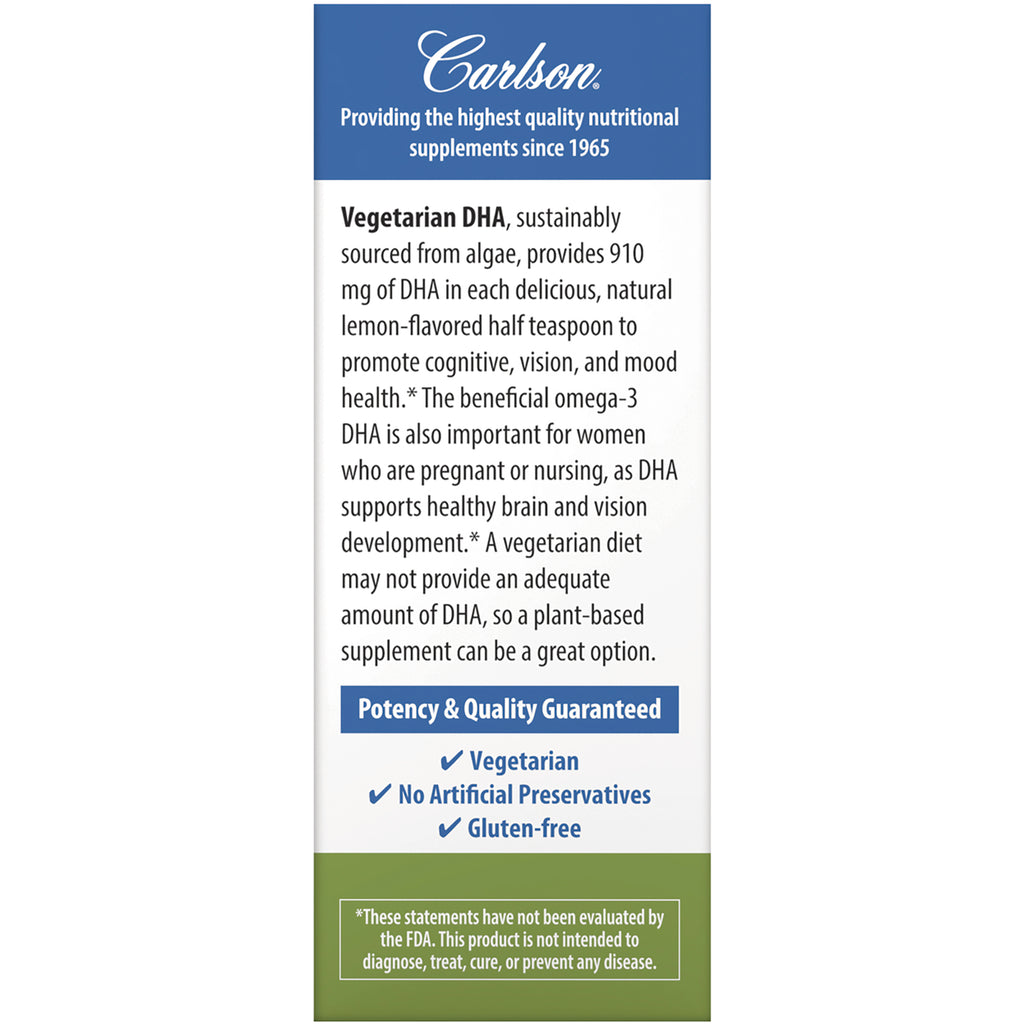 CSN317 | Back of Carlson Vegetarian DHA box with description, Potency & Quality Guaranteed and claims Vegetarian, No Artificial Preservatives, Gluten-free - Thumbnail
