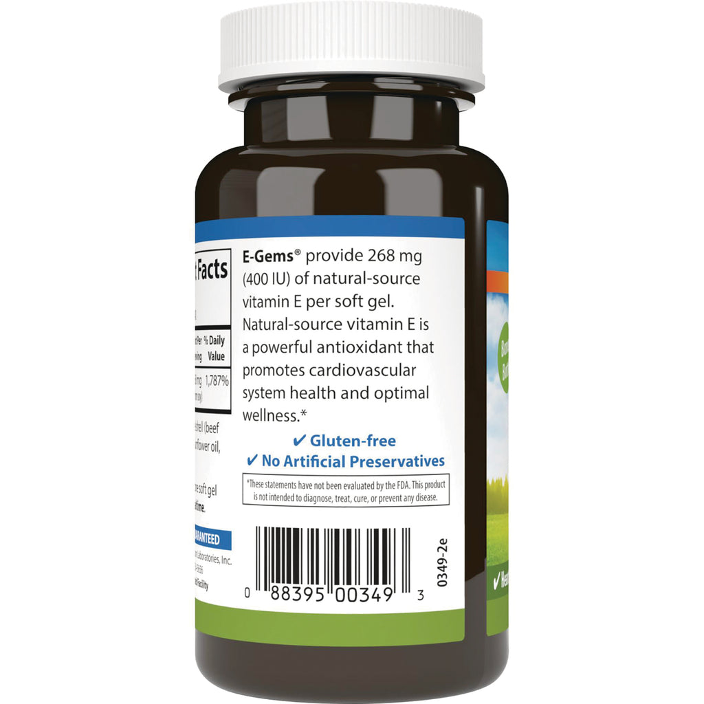CSN001 | back label of brown supplement bottle showing E-Gems vitamin E text, gluten-free and no artificial preservatives claims, and barcode - Thumbnail