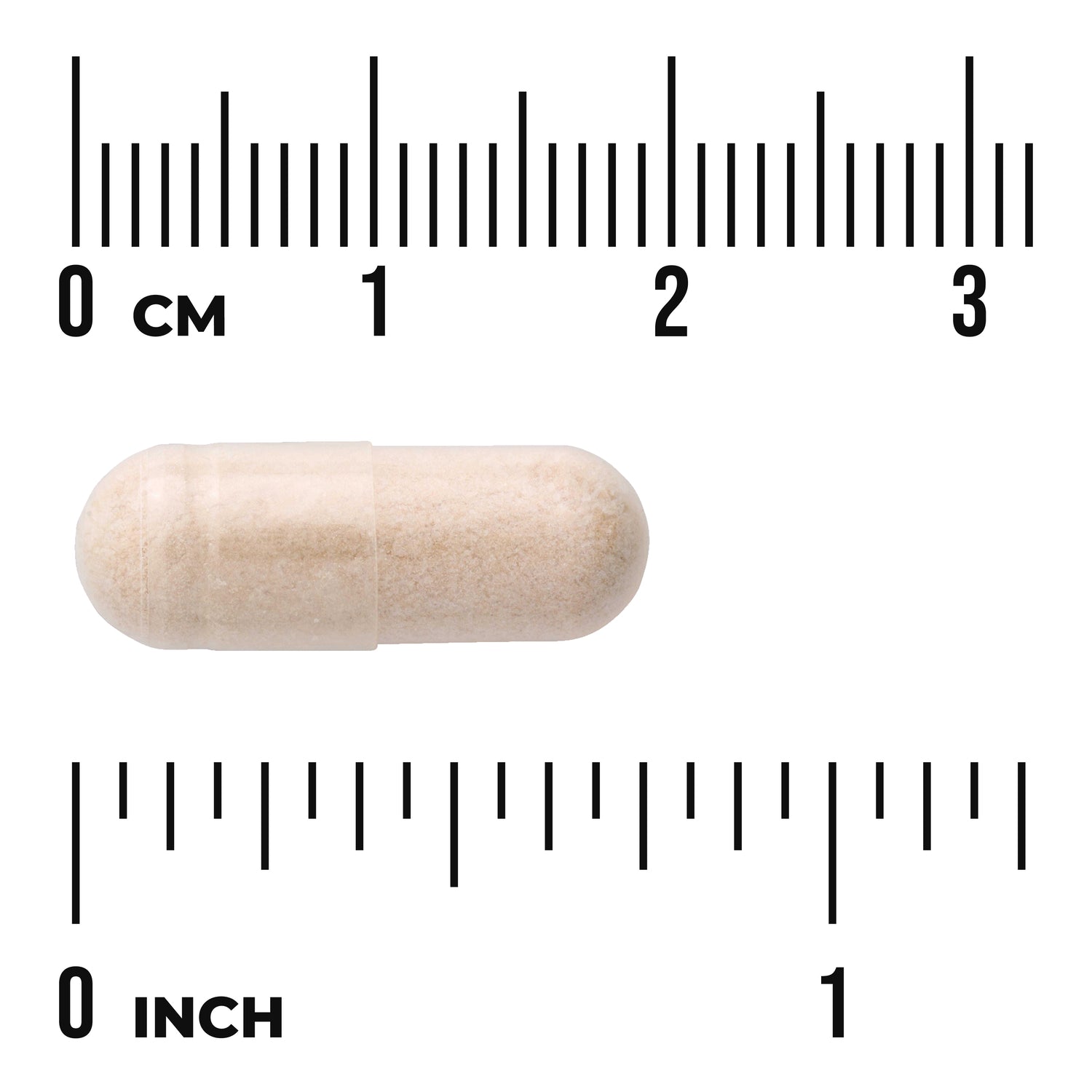 SWU072 | Beige capsule shown with cm and inch rulers for size reference