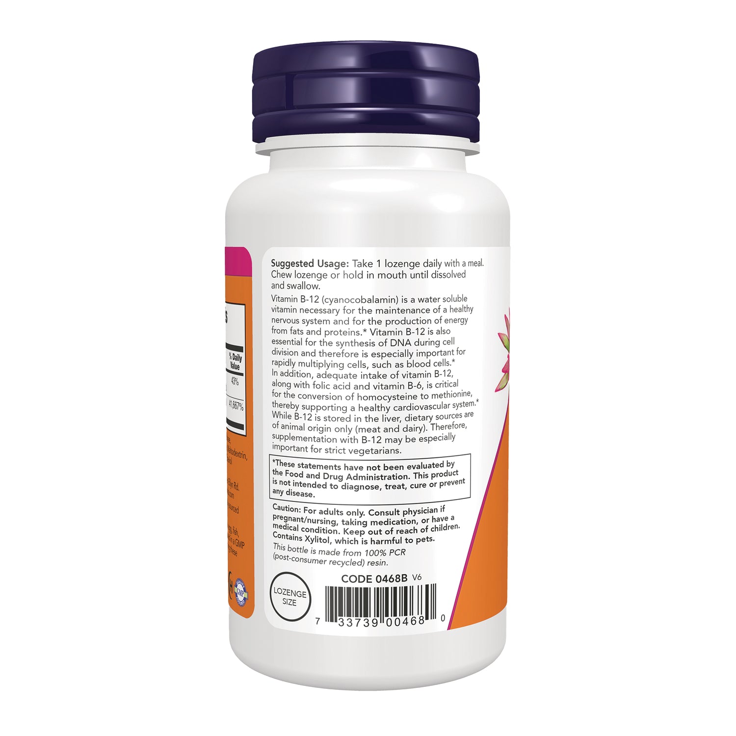 NWF794 | Back label of white supplement bottle showing suggested usage, warnings, and barcode