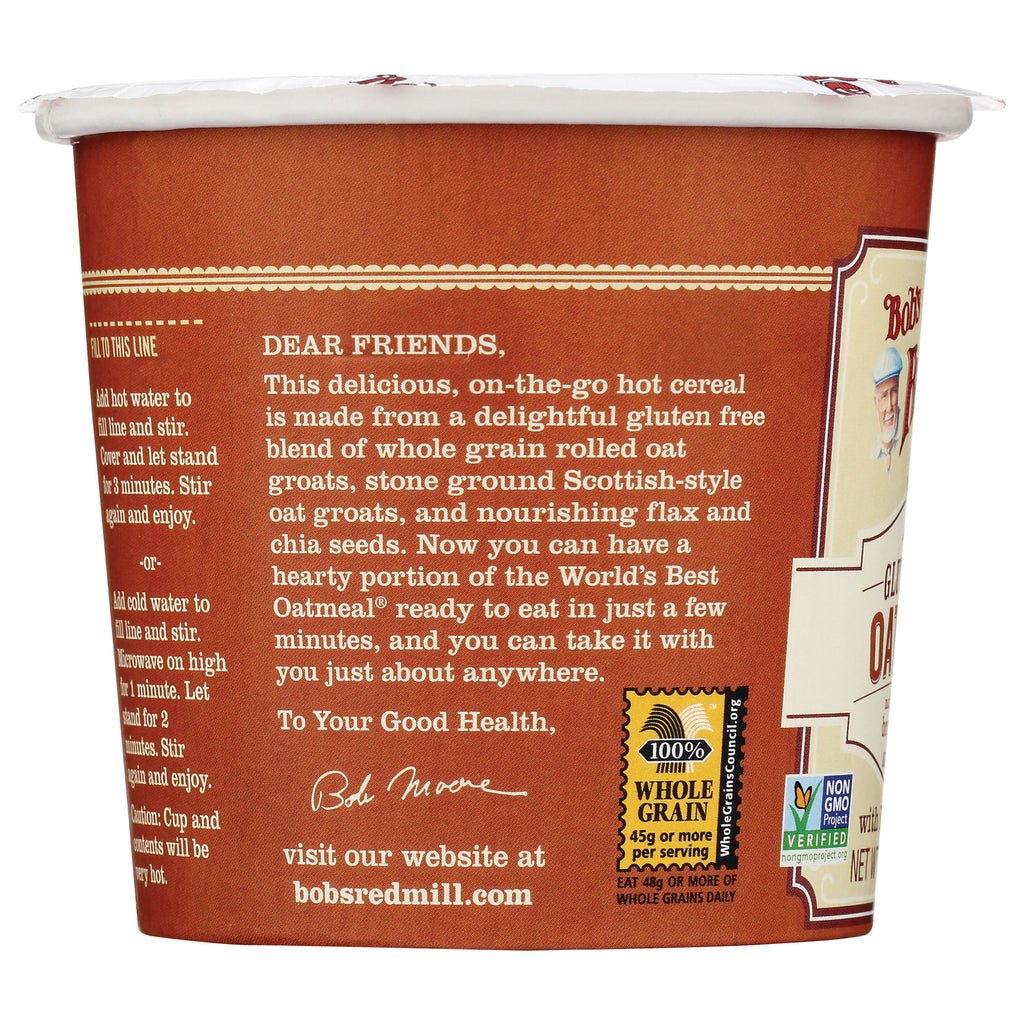 BOB227 | side panel product infographic on a brown oatmeal cup with 'Dear Friends' text describing gluten-free whole grain oatmeal - Thumbnail