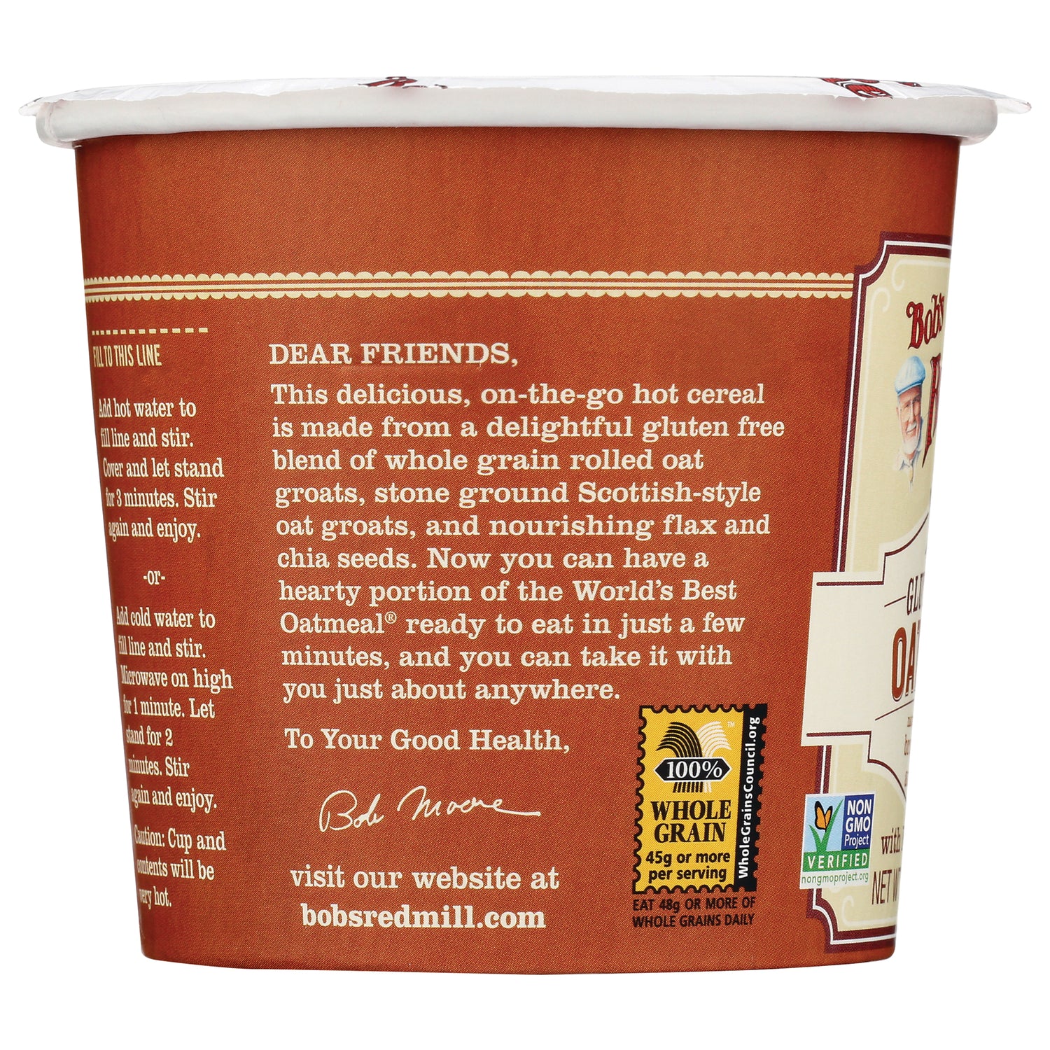 BOB227 | side panel product infographic on a brown oatmeal cup with 'Dear Friends' text describing gluten-free whole grain oatmeal