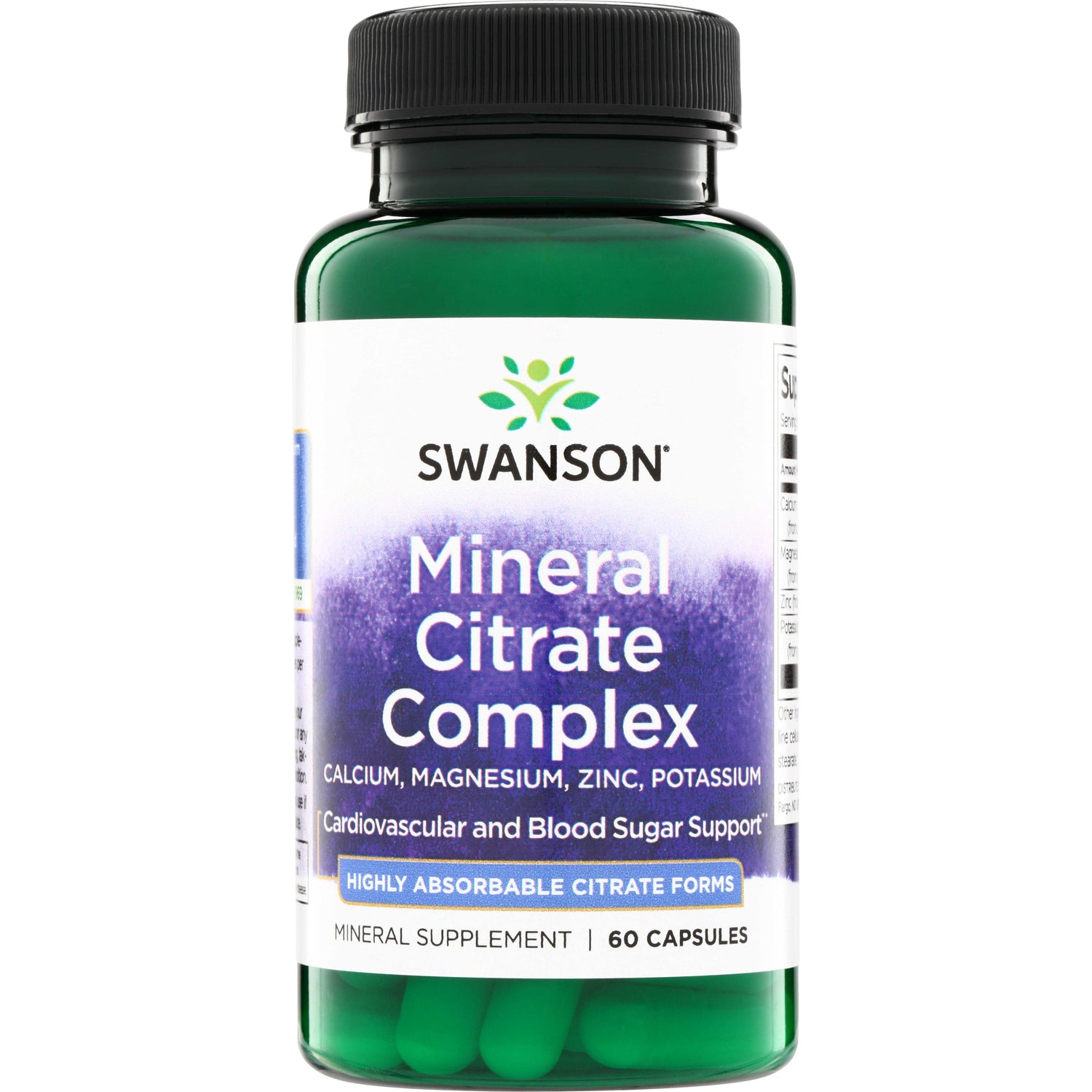 SWU421 | Swanson Mineral Citrate Complex supplement bottle, 60 capsules; Calcium, Magnesium, Zinc, Potassium