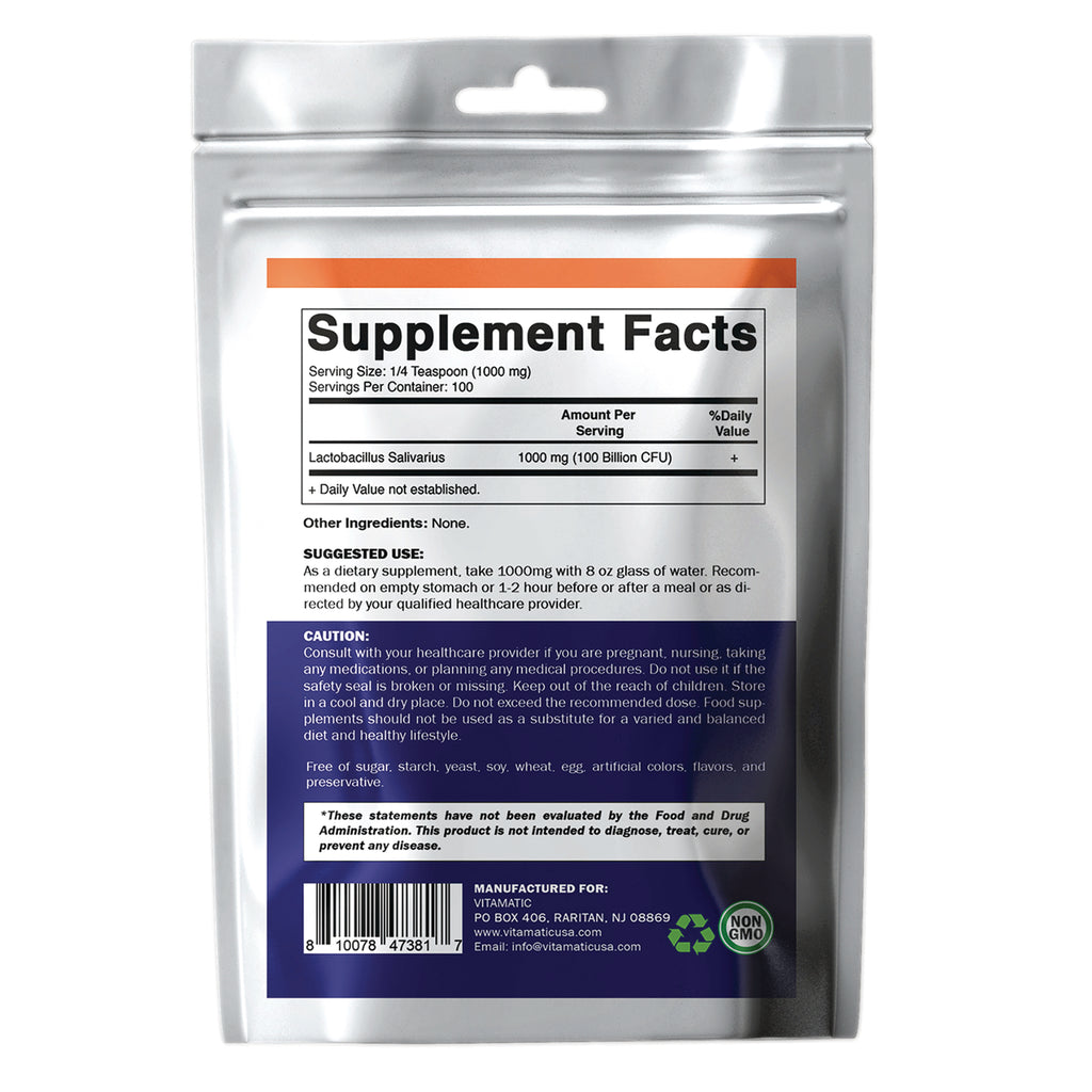 VAM005 | Back pouch showing Supplement Facts for Lactobacillus salivarius 1000 mg (100 Billion CFU); Other Ingredients: none - Thumbnail