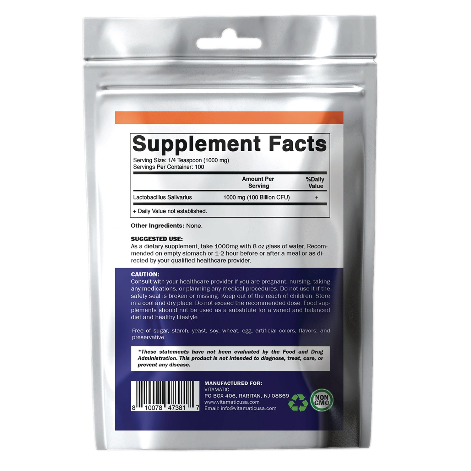 VAM005 | Back pouch showing Supplement Facts for Lactobacillus salivarius 1000 mg (100 Billion CFU); Other Ingredients: none