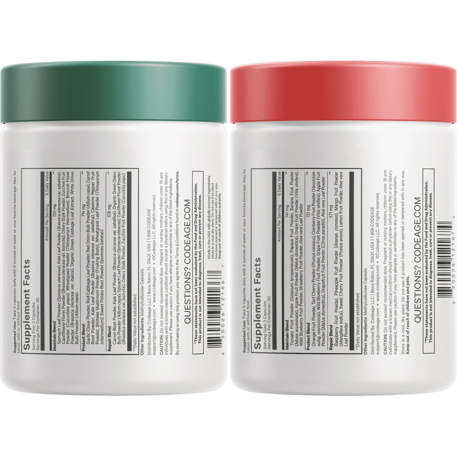 CDG012 | Back of two supplement jars showing supplement facts panels, barcodes, and green and coral lids