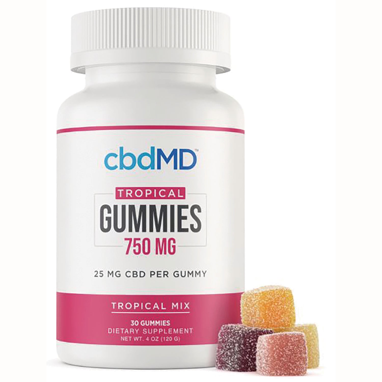 CBM006 | cbdMD Tropical Gummies 750 MG white bottle labeled 25 MG CBD per gummy with three sugar-coated gummy cubes