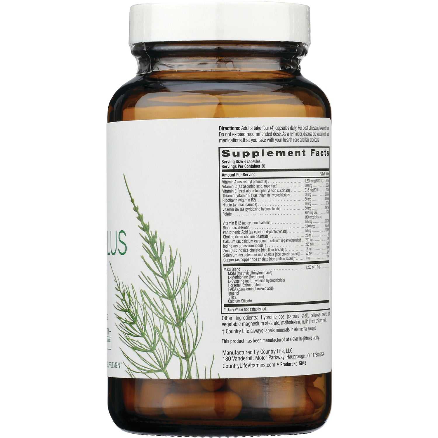 CRL552 | Back of brown glass supplement bottle showing Supplement Facts label and green botanical illustration