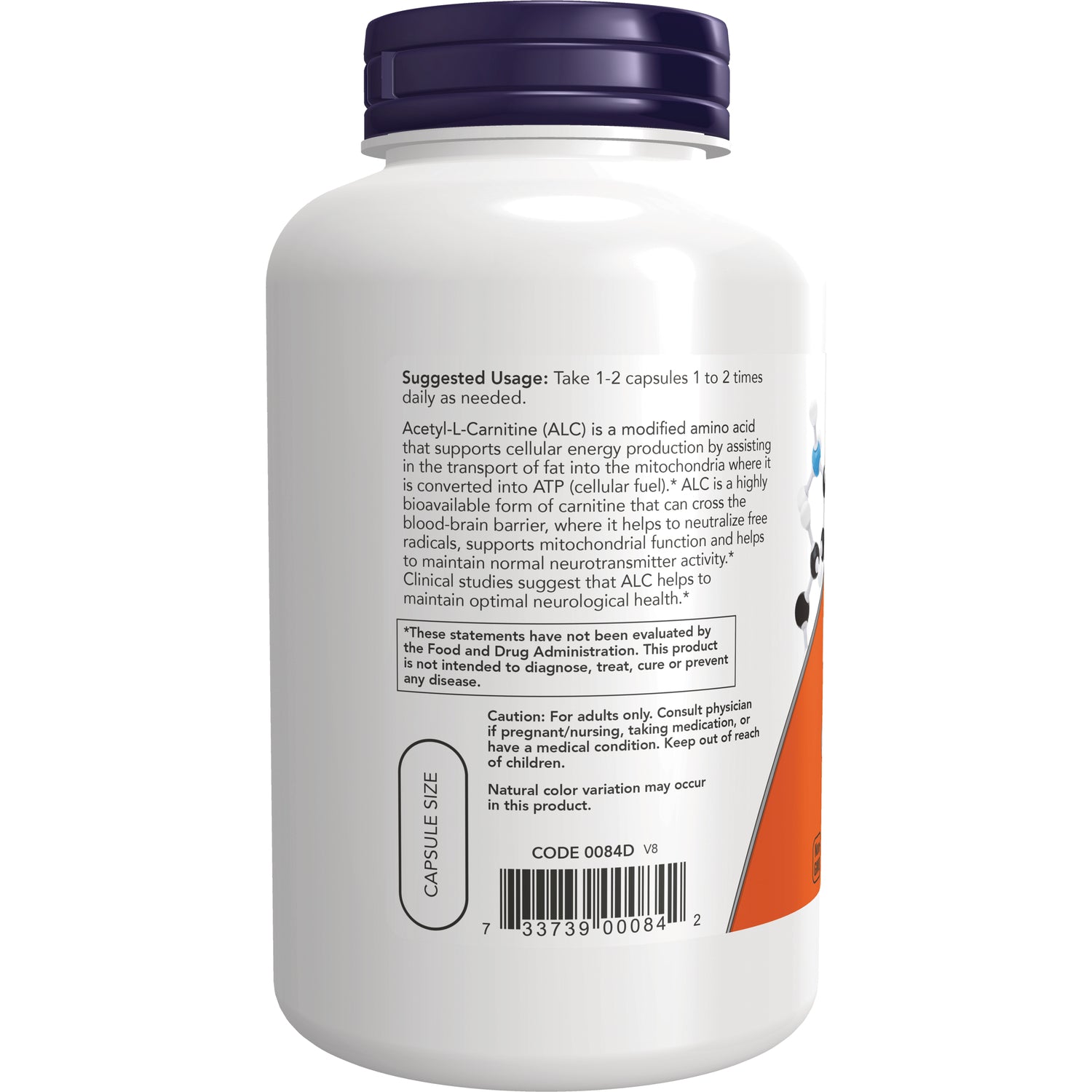 NWF721 | Back of white supplement bottle showing suggested usage, caution text and barcode
