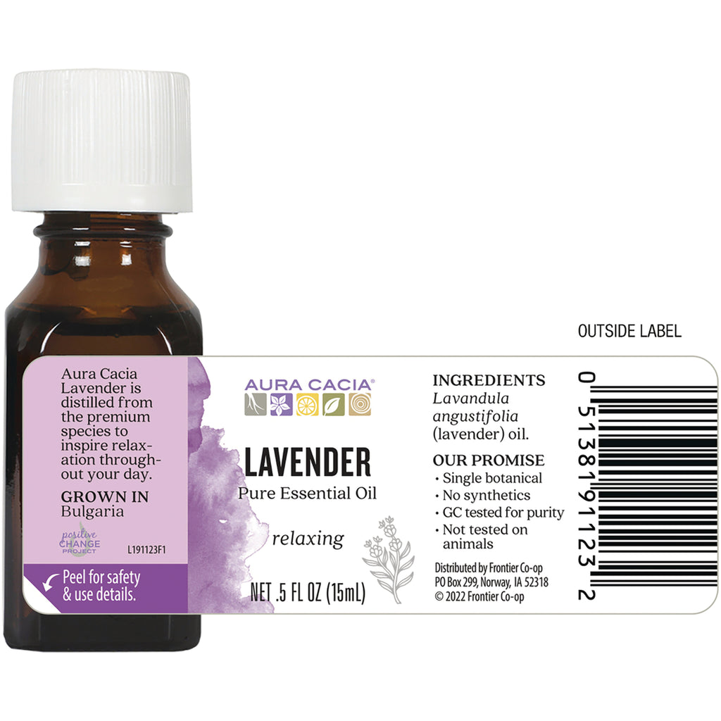ARC001 | Back label of amber bottle showing Aura Cacia Lavender ingredients, barcode, and safety peel tab - Thumbnail